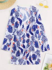 SHEIN Swim 熱帶圖案開門襟和服罩衫 - 彩色 - 查看 7