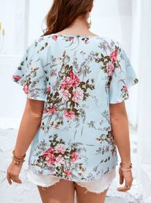 SHEIN LUNE Áo sơ mi Plus Size Xếp li Hoa Boho - Màu xanh bạc hà - Xem 2