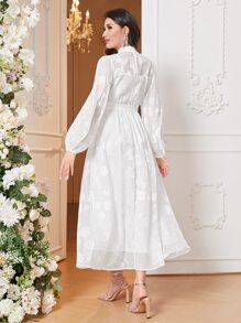 Mulvari 提花燈籠袖連衣裙 - 白色 - 查看 3