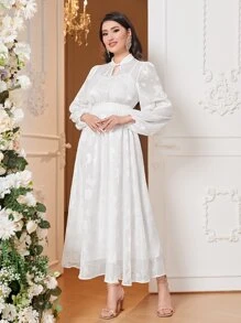 Mulvari 提花燈籠袖連衣裙 - 白色 - 查看 1