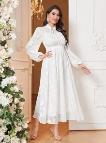 Mulvari 提花燈籠袖連衣裙 - 白色 - 查看 4