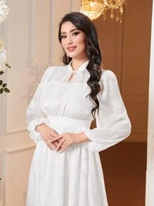 Mulvari 提花燈籠袖連衣裙 - 白色 - 查看 5