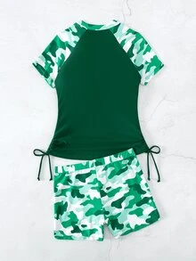 SHEIN Swim 迷彩印花抽绳侧边防晒衣 短袖 夏季海滩 - 墨綠色 - 查看 2