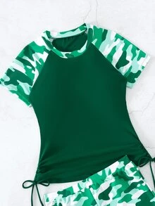 SHEIN Swim 迷彩印花抽绳侧边防晒衣 短袖 夏季海滩 - 墨綠色 - 查看 3