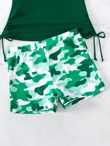 SHEIN Swim 迷彩印花抽绳侧边防晒衣 短袖 夏季海滩 - 墨綠色 - 查看 4