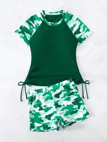 SHEIN Swim 迷彩印花抽绳侧边防晒衣 短袖 夏季海滩 - 墨綠色 - 查看 5