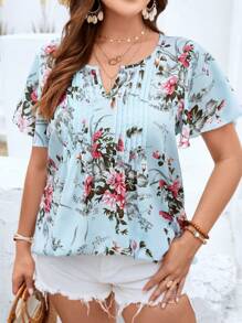 SHEIN LUNE Áo sơ mi Plus Size Xếp li Hoa Boho - Màu xanh bạc hà - Xem 4