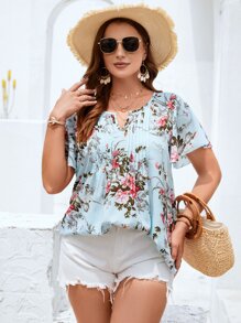 SHEIN LUNE Áo sơ mi Plus Size Xếp li Hoa Boho - Màu xanh bạc hà - Xem 6