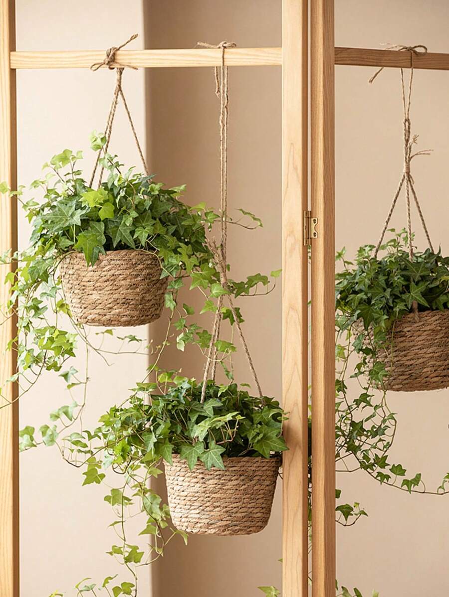1pc Straw Plant Hanger, Bohemian Braided Detail Hanging Planter Basket For Garden - Multicolor - View 1