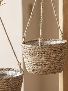 1pc Straw Plant Hanger, Bohemian Braided Detail Hanging Planter Basket For Garden - Multicolor - View 2