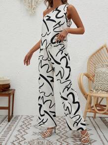 SHEIN LUNE 滿版印花吊帶上衣和闊腿褲 - 白色 - 查看 5