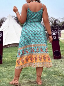 SHEIN Holidaya Plus Allover Print Belted Cami Dress - Blue - View 2