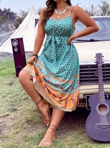 SHEIN Holidaya Plus Allover Print Belted Cami Dress - Blue - View 4