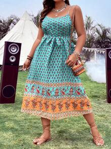 SHEIN Holidaya Plus Allover Print Belted Cami Dress - Blue - View 5