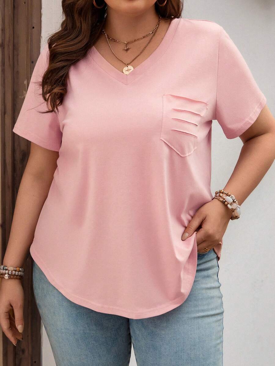 SHEIN LUNE Camiseta unicolor con parche de bolsillo bajo curvo - Rosa - Ver 1