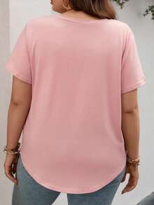 SHEIN LUNE Camiseta unicolor con parche de bolsillo bajo curvo - Rosa - Ver 2