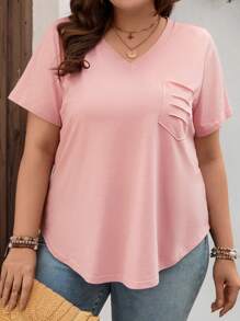 SHEIN LUNE Camiseta unicolor con parche de bolsillo bajo curvo - Rosa - Ver 3