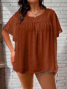 SHEIN LUNE 大碼圓點蕾絲拼接蝴蝶袖襯衫 - 棕色 - 查看 4