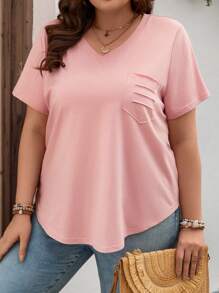 SHEIN LUNE Camiseta unicolor con parche de bolsillo bajo curvo - Rosa - Ver 5