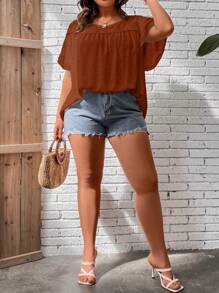 SHEIN LUNE 大碼圓點蕾絲拼接蝴蝶袖襯衫 - 棕色 - 查看 6