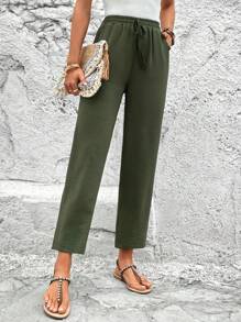 SHEIN LUNE 弹性抽绳腰部口袋七分修身裤 - 軍綠色 - 查看 7