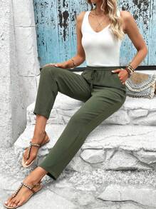 SHEIN LUNE 弹性抽绳腰部口袋七分修身裤 - 軍綠色 - 查看 6