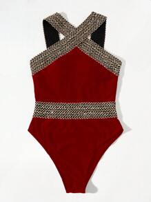 針腳細節十字交叉連體泳衣 - 酒紅色 - 查看 3
