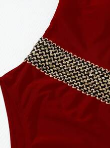 針腳細節十字交叉連體泳衣 - 酒紅色 - 查看 4