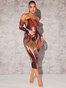 Silquee Tie Dye Off Shoulder Ruched Side Bodycon Dress - Multicolor - View 1