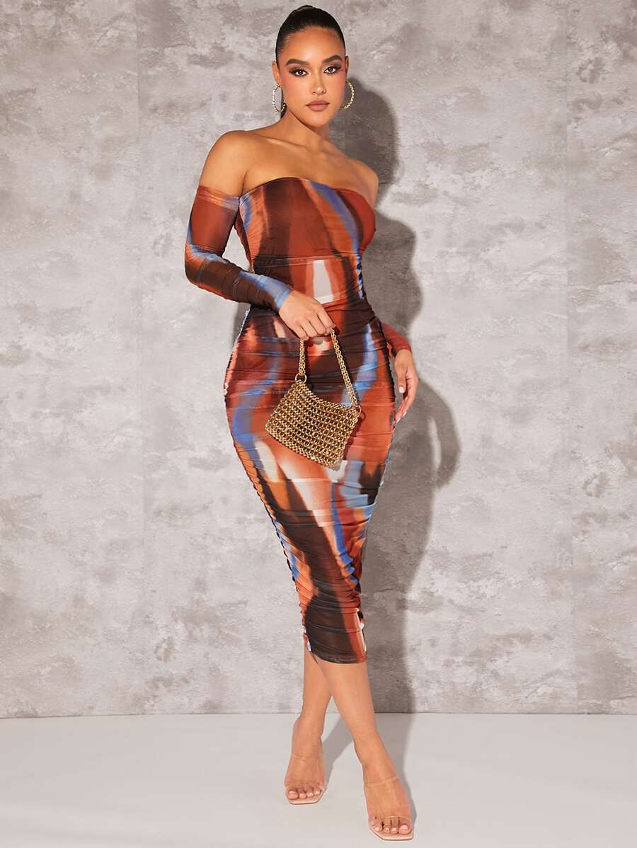 Silquee Tie Dye Off Shoulder Ruched Side Bodycon Dress - Multicolor - View 1