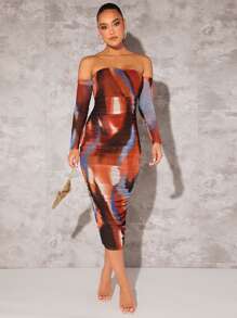 Silquee Tie Dye Off Shoulder Ruched Side Bodycon Dress - Multicolor - View 3