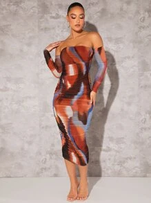 Silquee Tie Dye Off Shoulder Ruched Side Bodycon Dress - Multicolor - View 4