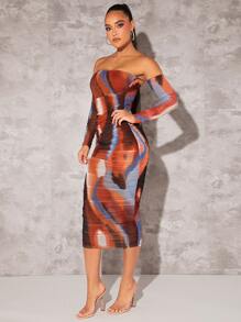 Silquee Tie Dye Off Shoulder Ruched Side Bodycon Dress - Multicolor - View 5