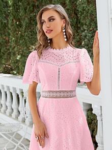 Simplee 水溶蕾絲拼接荷葉邊洋裝 - 粉色 - 查看 4