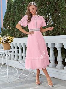 Simplee 水溶蕾絲拼接荷葉邊洋裝 - 粉色 - 查看 7