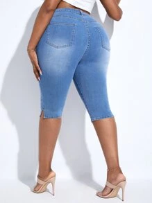 SHEIN SXY Quần Denim kích thước lớn Nút Túi Chia màu trơn - Rửa trung bình - Xem 2