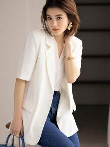 DAZY 素色翻蓋細節單釦西裝外套 - 白色 - 查看 7
