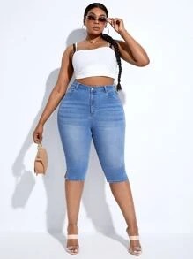 SHEIN SXY Quần Denim kích thước lớn Nút Túi Chia màu trơn - Rửa trung bình - Xem 4