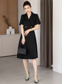 DAZY 西裝領雙排釦襯衫連衣裙 - 黑色 - 查看 4