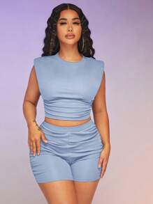 SHEIN SXY Solid Ruched Tank Top & Cycling Shorts - Baby Blue - View 1