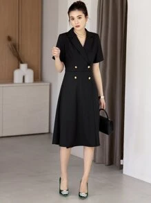 DAZY 西裝領雙排釦襯衫連衣裙 - 黑色 - 查看 5