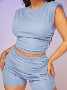 SHEIN SXY Solid Ruched Tank Top & Cycling Shorts - Baby Blue - View 4
