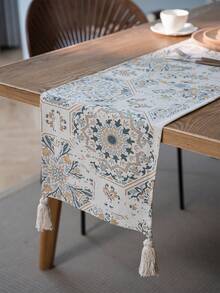 1入組幾何樣式長方桌布,現代織物流蘇裝飾廚房桌旗 - 藍白色 - 查看 3