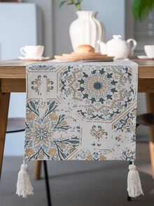 1入組幾何樣式長方桌布,現代織物流蘇裝飾廚房桌旗 - 藍白色 - 查看 4