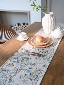 1入組幾何樣式長方桌布,現代織物流蘇裝飾廚房桌旗 - 藍白色 - 查看 5