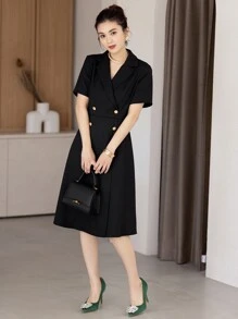 DAZY 西裝領雙排釦襯衫連衣裙 - 黑色 - 查看 6