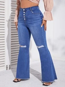 SHEIN Essnce Jeans de pierna amplia con botón desgarro bajo crudo - Azul lavado medio - Ver 1