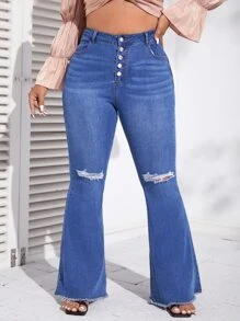 SHEIN Essnce Jeans de pierna amplia con botón desgarro bajo crudo - Azul lavado medio - Ver 4