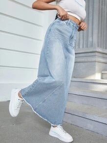 SHEIN ICON Falda en mezclilla bajo crudo - Lavado ligero - Ver 3