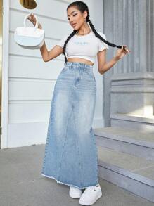 SHEIN ICON Falda en mezclilla bajo crudo - Lavado ligero - Ver 5